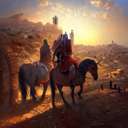 Image similar to Crusaders on horses standing on a ridge overlooking the city of Jerusalem by Marc Simonetti