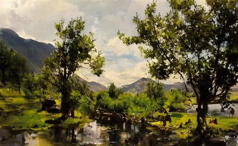 Image similar to oil painting lanscape by anders zorn, nature, fruit trees, very very very very beautiful art, dramatic light, water reflections, tall rocky mountains, police making arrests, detaining people, cop cars, sirens