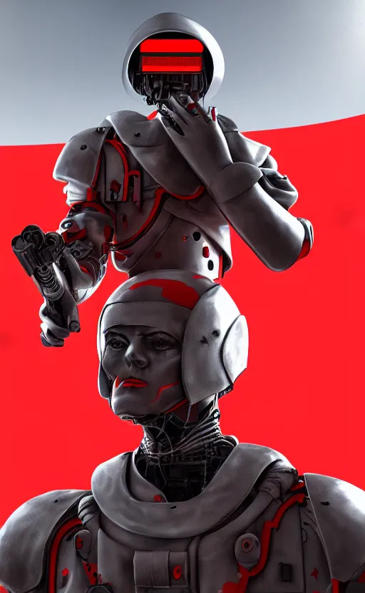 Prompt: Futuristic Soviet soldier cyborg with red flag in background, overdetailed digital art, hd, 4k