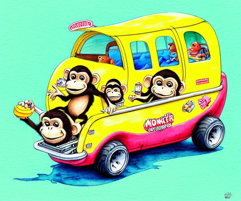 Image similar to cute and funny, monkey riding in a tiny banana boat bus, ratfink style by ed roth, centered award winning watercolor pen illustration, isometric illustration by chihiro iwasaki, edited by craola, tiny details by artgerm and watercolor girl, symmetrically isometrically centered