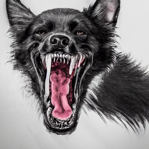 Image similar to venom dog version, ultra realistic, highly detailed, photorealism, scary, intricate detail, high res, textures, extremes, dark, twisted, black, wiry, superhero, antihero, powerful, teeth, licking tongue, dog, hair, german shepard