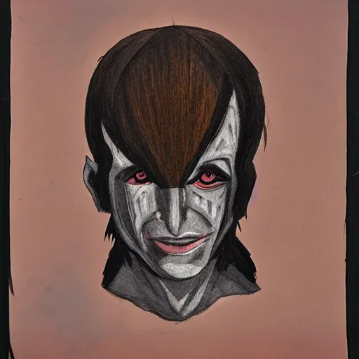 Image similar to a dark elf with a scarred up face, a bob haircut and bushy eyebrows smirking in the style of vito acconci