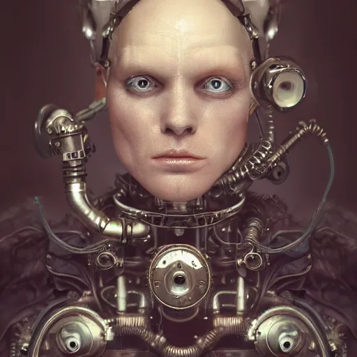 Image similar to a beautiful intricate fine art portrait photo of a a mechanical industrial steampunk cybernetic Bill Burr, by tom bagshaw and zach sutton, perfection!, milk bath photography, studio lighting, 35mm lens, very detailed, bionic, cybernetic scifi, deep depth of field, artstation, 8K, highly coherent