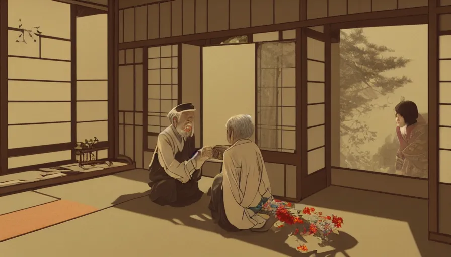 Image similar to old japanese man giving flowers to his wife, japanese house, romantic, drawing, light through windows, hyperdetailed, artstation, cgsociety, 8 k