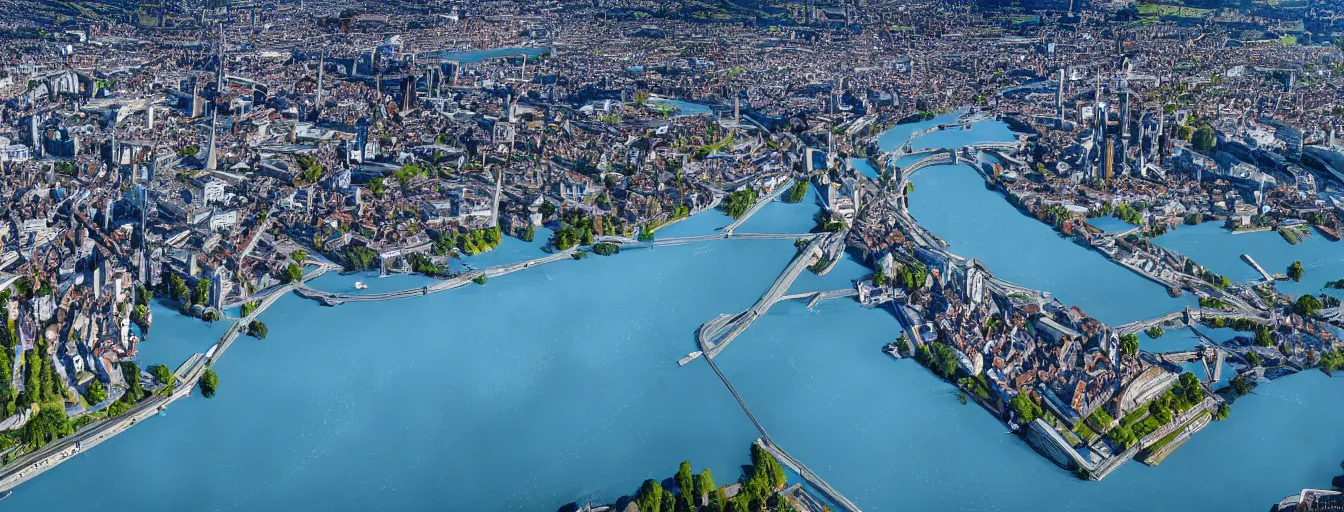 Prompt: Digital painting of Zurich, looking down the Limmat and the lake and the alps, wide angle, volumetric light, hyperdetailed, light blue water, artstation, cgsociety, 8k