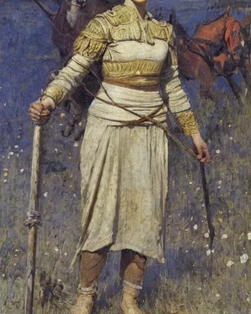 Prompt: a beautiful and strong female warrior by Jules Bastien-Lepage and Laura Sava