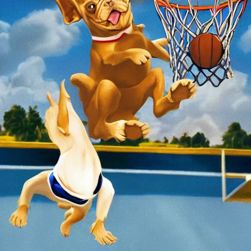 Image similar to a scene from airbud the movie, a white and brown french bulldog slam dunks a basketball