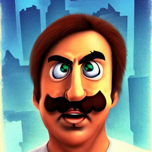 Image similar to nic cage as mario, buff, painted portrait, highly detailed,