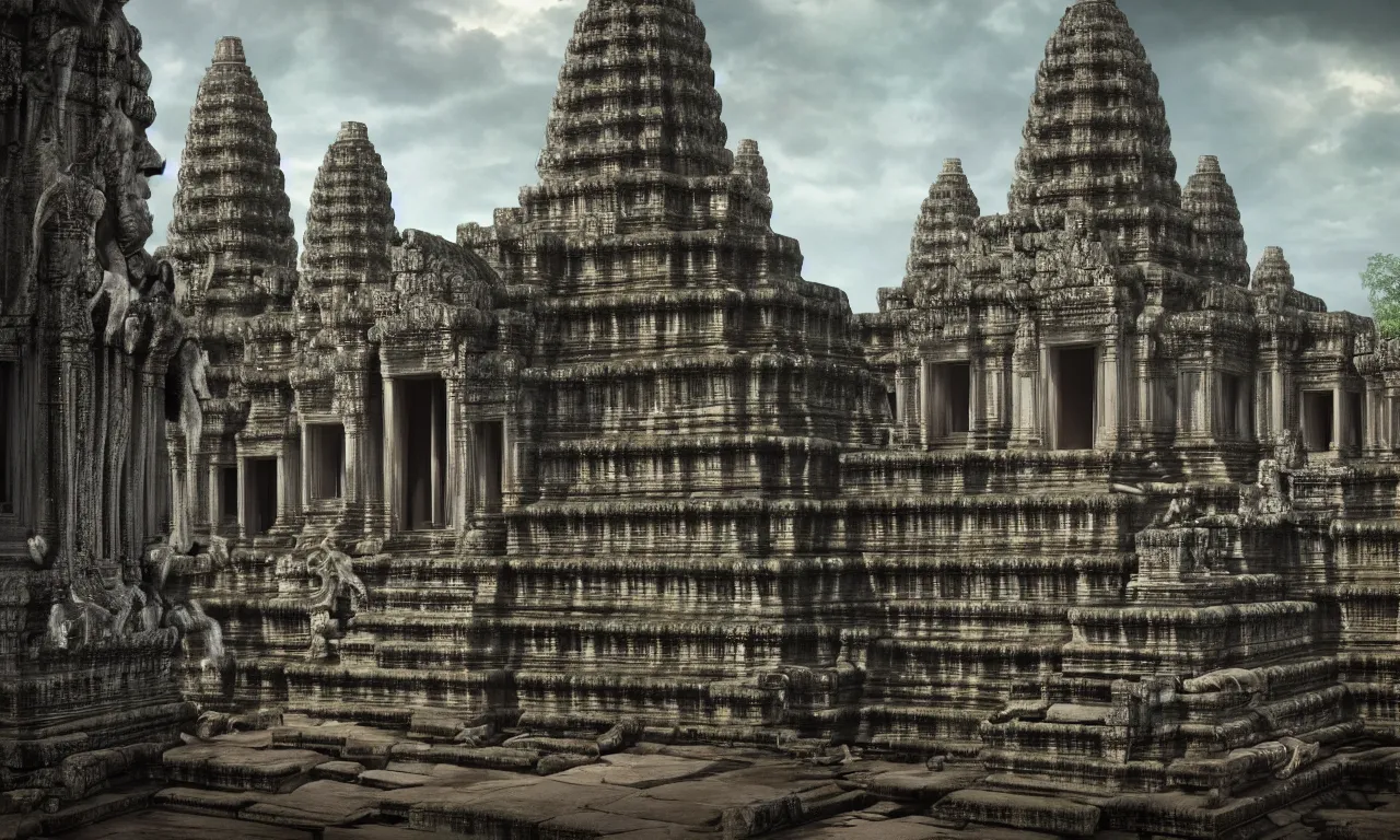 Prompt: by nadezda and david stoupakis, visually stunning, cinematic, ultra realistic, hyper realism, 1 2 k, epic, octane render, unreal engine, vfx, maya, xenomorph - temple angkor wat