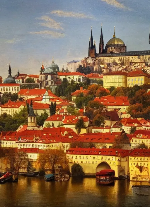 Prompt: old master painting of beautiful shot of Royal medieval European city like Prague mixed with Istanbul like Islamic architecture with greenery all around , autumn colors