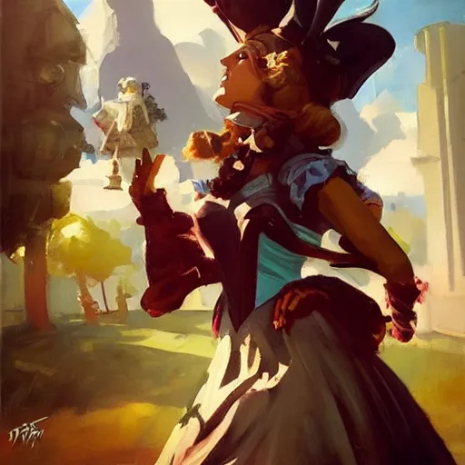 Image similar to greg manchess portrait painting of partially armored alice from alice in wonderland as overwatch character, medium shot, asymmetrical, profile picture, organic painting, sunny day, matte painting, bold shapes, hard edges, street art, trending on artstation, by huang guangjian, gil elvgren, ruan jia, randy vargas, greg rutkowski