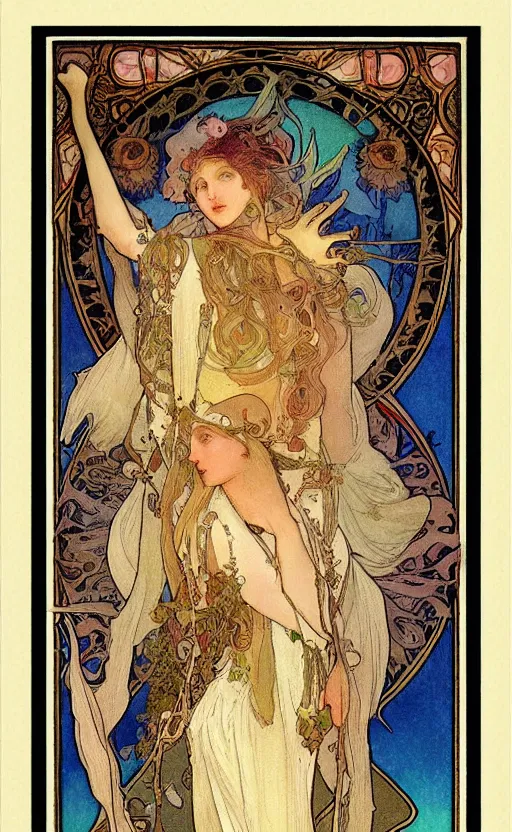 Image similar to the fool tarot, beautiful border, by alfons maria mucha, highly detailded