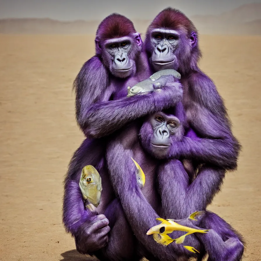 Image similar to photo of a purple gorilla hugging a generic fish in the desert