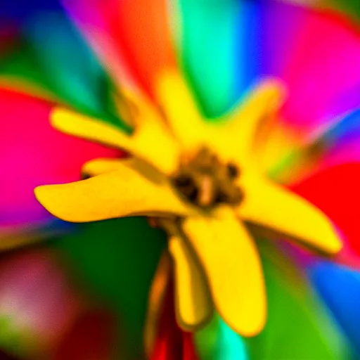 Image similar to closeup photo of rainbow - colored flower with 7 petals, held by hand, shallow depth of field, cinematic, 8 0 mm, f 1. 8