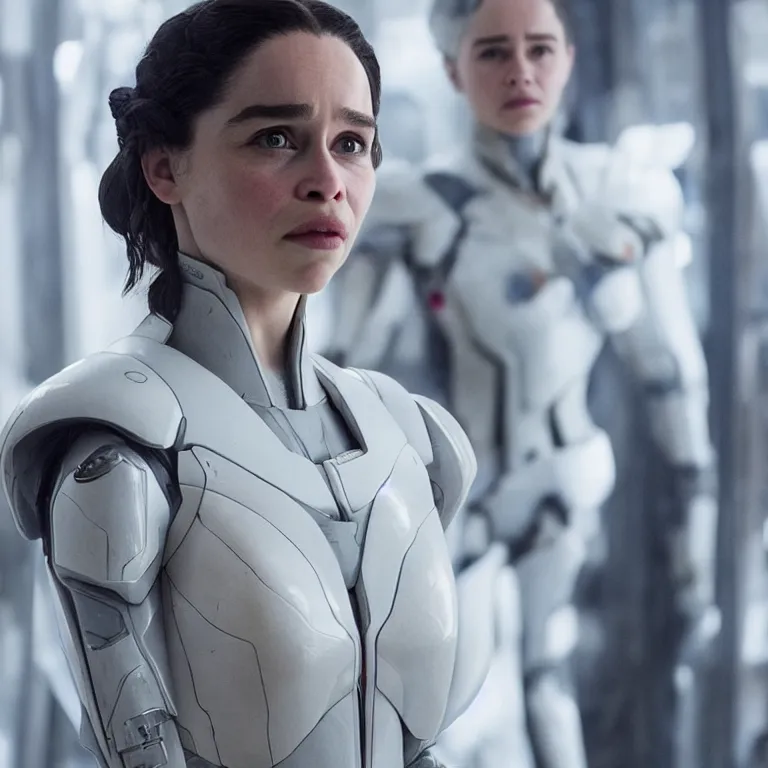 Image similar to scifi emilia clarke looks like ghost in the shell, extremely high detail, high detailed face, smiling woman, cyborg, photorealism, emilia clarke, sony a 7 r