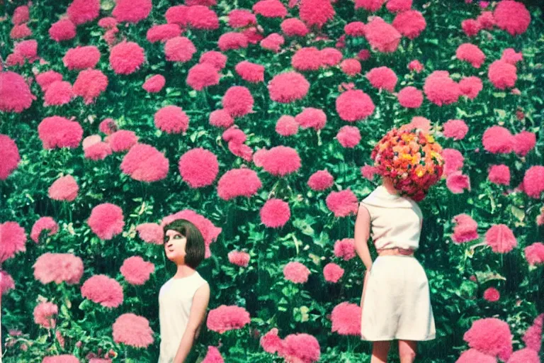 Image similar to giant flower head, girl standing, 1 9 6 0 s hotel, surreal photography, centered frontal, symmetry, mid century, bright colours, wes anderson