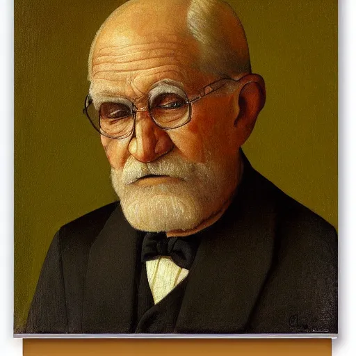 Image similar to detailing character portrait painting of old man by Grant Wood, on simple background, painting, middle close up composition