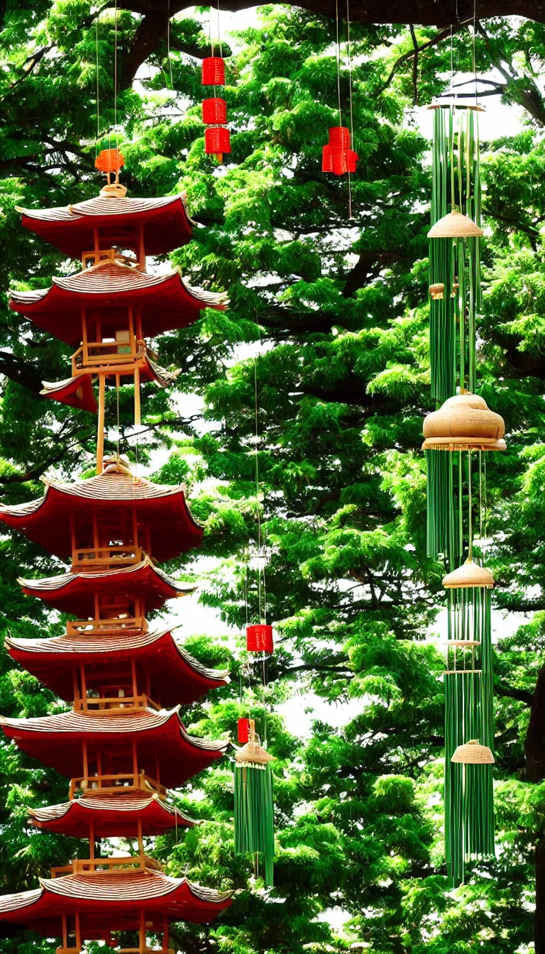 Prompt: pagoda, wind chimes, green tea