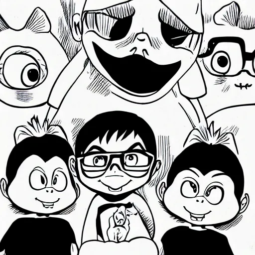 Image similar to black and white illustration of Alvin and the Chipmunks in the style of Junji Ito