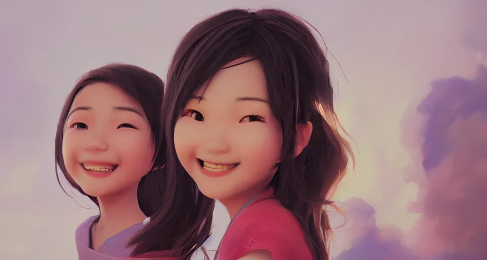 Image similar to a painting of cute Asian girls smiling, in the style of Pixar animation, low angle view, 16mm lens, award winning, hyper detailed, dramatic lighting, artstation, octane renderer, unreal engine