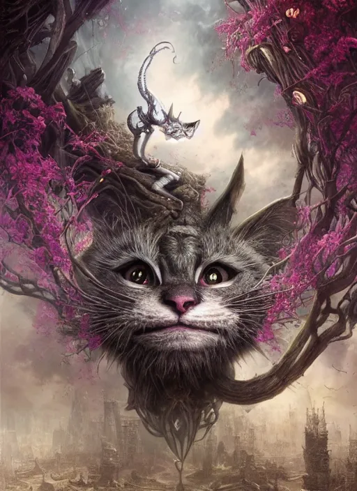 Image similar to Cheshire Cat,highly detailed,cinematic,8k,by Stanley Artgermm,Tom Bagshaw,Greg Rutkowski,Carne Griffiths, Ayami Kojima, Beksinski, Giger,Anne Stokes, Benjamin Lacombe,trending on DeviantArt,hyper detailed,horror, full of colour