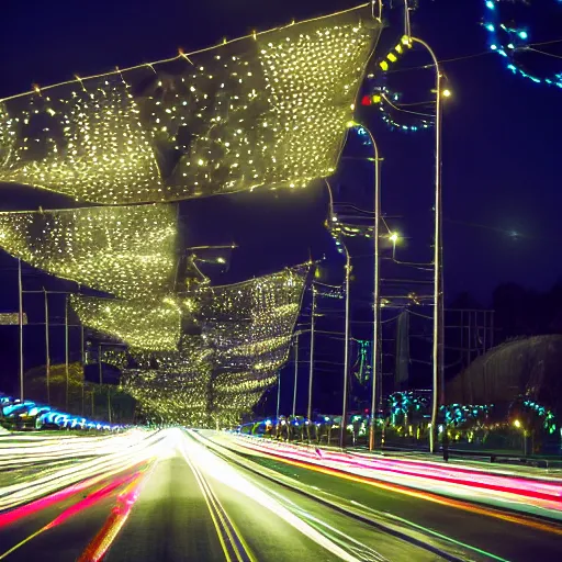 Prompt: dslr photo freeway photo at night, dragonflies create the lights, very high quality lights, intricate details, extremely high quality, moody lighting, real camera, real photo, slow - shutter, 8 k, full subject in shot