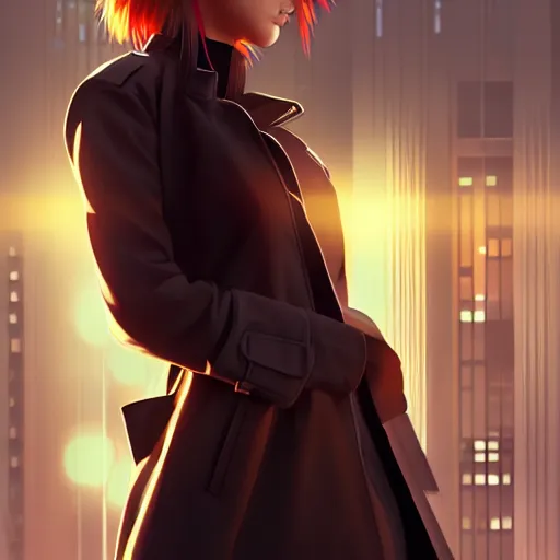 Image similar to realistic render of a cyborg - girl wearing a long trench coat by ross draws, futuristic dystopian city by ilya kuvshinov, digital anime art by ross tran, composition by sana takeda, lighting by greg rutkowski