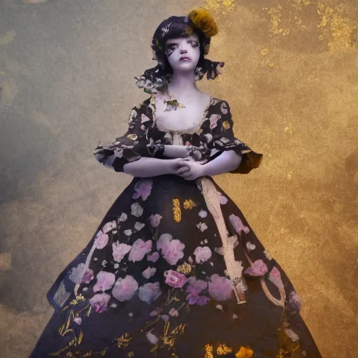 Image similar to 8k, octane render, realism, tonalism, renaissance, rococo, baroque, portrait of a young lady wearing long harajuku manga dress with flowers and skulls, background chaotic gold leaf flowers