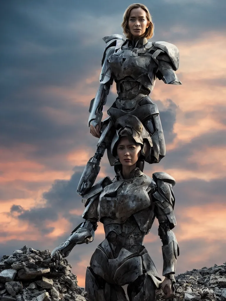 Image similar to emily blunt in futuristic power armor, close up portrait, solitary figure standing atop a pile of rubble, holding a sword on her shoulder, sunset and big clouds behind her