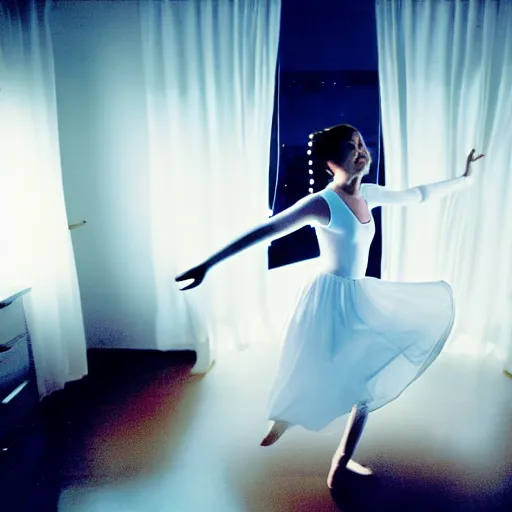 Image similar to cute girl wearing white dancing joyfully in her bedroom at night, cyberpunk lighting, photographed by annie leibovitz