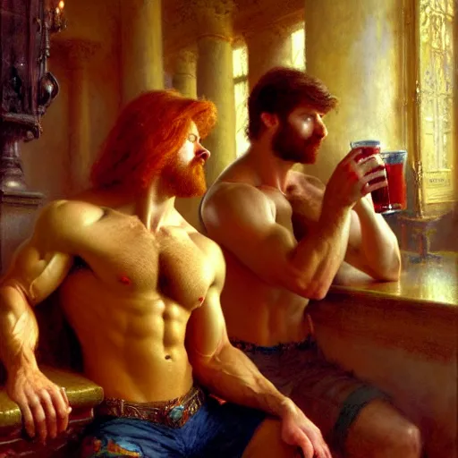 Image similar to attractive muscular mike with ginger hair with attractive tyler with brunet hair, drinking their hearts out, in their noble mansion. image defined to the maximum, highly detailed painting by gaston bussiere, craig mullins 8 k