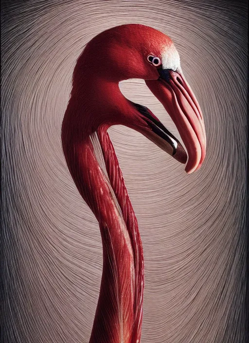 Prompt: portrait of a flamingo with translucent skin, visible muscles and veins and arteries and bones and spines and nerves, beautiful detailed intricate insanely detailed octane render, 8k artistic photography, photorealistic, chiaroscuro, by David Cronenberg, Raphael, Caravaggio