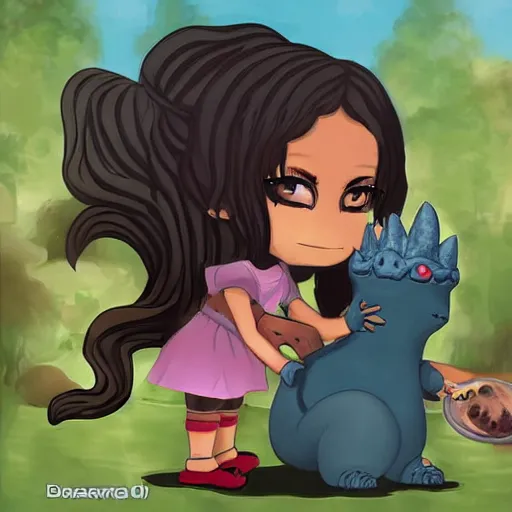 Image similar to Dark skinned girl pets Chibi Godzilla, painting