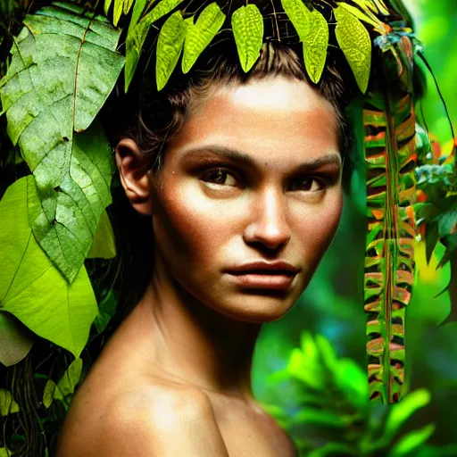 Image similar to photographic portrait of a stunningly beautiful amazonian tribal female face in amongst the jungle foliage, leaves, flowers, vines, contemporary fashion shoot, by edward robert hughes, annie leibovitz and steve mccurry, david lazar, jimmy nelsson, breathtaking, 8 k resolution, extremely detailed, beautiful, establishing shot, artistic, hyperrealistic, beautiful face, octane render