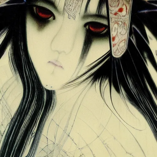 Image similar to yoshitaka amano blurred and dreamy realistic illustration of a japanese woman with black eyes, wavy white hair fluttering in the wind wearing elden ring armor with engraving, abstract patterns in the background, noisy film grain effect, highly detailed, renaissance oil painting, weird portrait angle, blurred lost edges, three quarter view