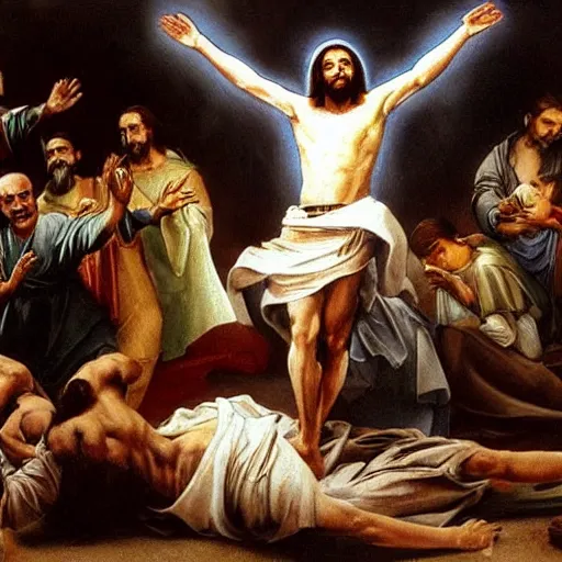 Image similar to jesus christ in a white robe strikes a dramatic dance pose on dead laughing bodies in streets of an apocalyptic metropolis destroyed after war, fantasy art, dramatic lighting, insane details ; renaissance painting