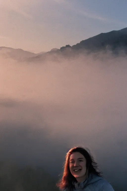 Prompt: film still of extreme close-up at young woman smile, fog, mountains in distance, 35mm