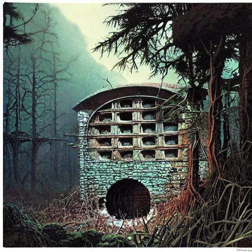 Prompt: pillbox paragonpunk fortress half-sunk in a noxious Swamp, by Colleen Doran and by Angus McBride and by Ted Nasmith, low angle dimetric composition, insurmountable, 1-point perspective