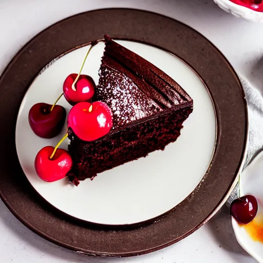 Prompt: a slice of a delicious chocolate cake, with a cherry on top, on a plate, professional photography