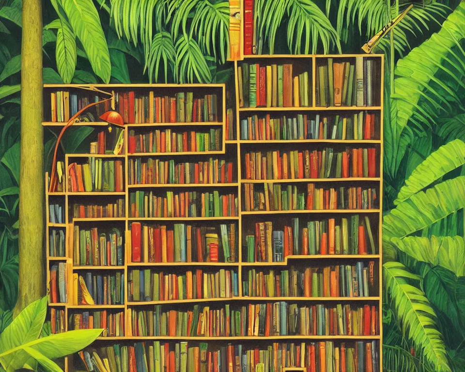 Prompt: one small bookshelf in the rainforest, featuring law books, by hopper. hyperdetailed, proportional, romantic, enchanting, achingly beautiful, graphic print, trending on artstation, jungle, tropical, foliage