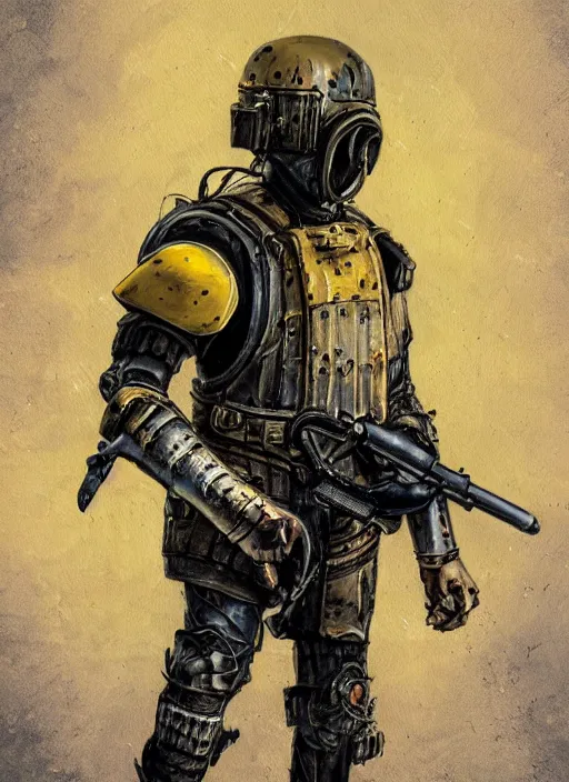 Image similar to a detailed painting of a man in post apocalyptic armour and a helmet walking around a foggy wasteland holding a modified shotgun. hd. 1 9 5 0 s painting style. dark yellow colour palette.