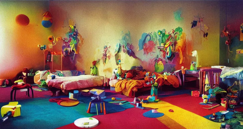 Image similar to IKEA catalogue photo, colorful children's bedroom, rainbow, toys, mayhem, pictures on walls, organic, by Beksiński