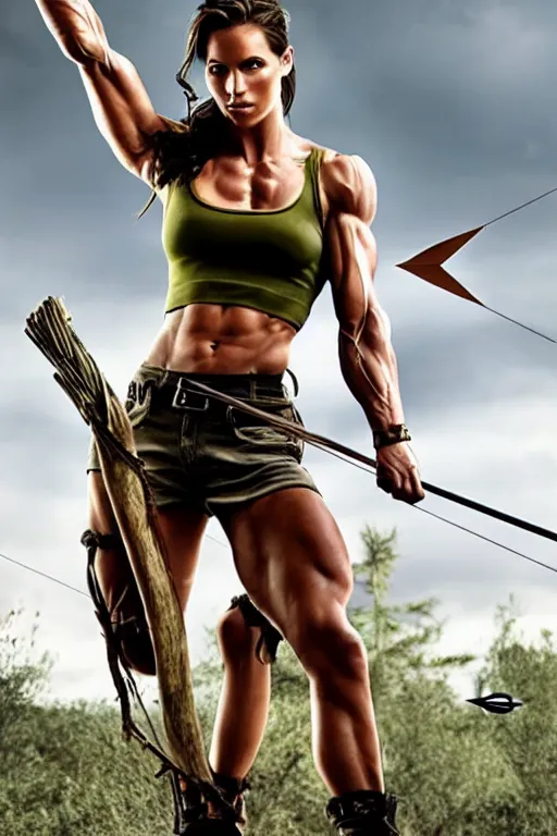 Image similar to laura croft with a bow & arrow, muscles, ripped, toned, muscular