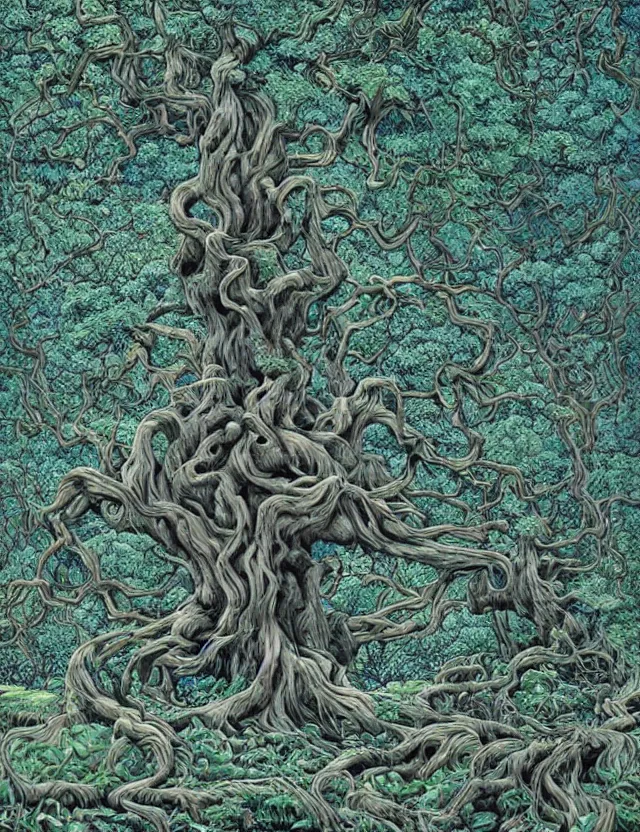 Image similar to an ancient tree with gnarled roots on a hill, there are rivulets of water running down and a maze on the ground by james jean and pascal blanche