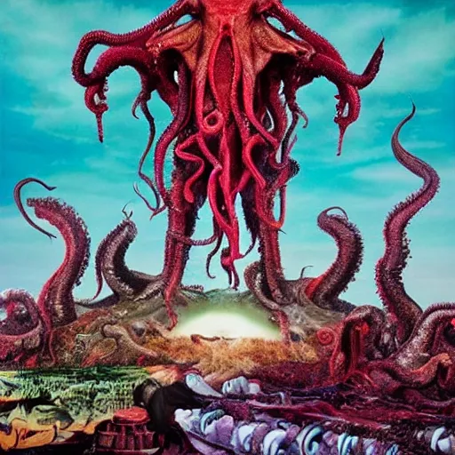 Image similar to invoking ritual of a cthulhu in a large landscape, art by david lachapelle, photography by annie leibovitz