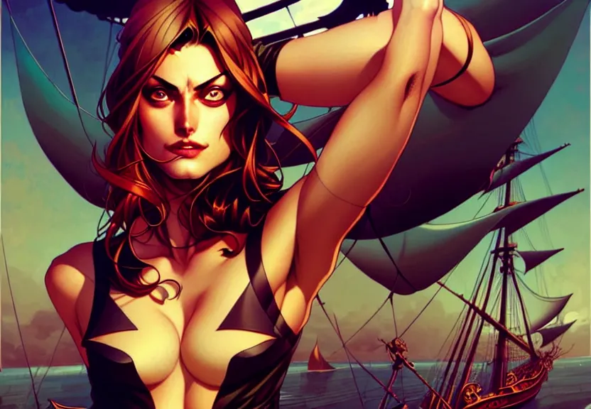 Image similar to artgerm, joshua middleton comic cover art, pretty pirate phoebe tonkin smiling, full body, symmetrical eyes, symmetrical face, long curly black hair, on a pirate ship background, warm colors