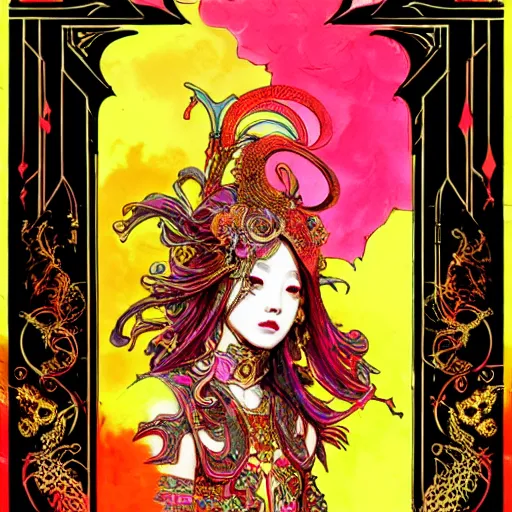 Image similar to jisoo + blackpink + elements + red + gold + neon + baroque + rococo + white + orange + ink + tarot card, ornate + by marc simonetti, paul pope, peter mohrbacher, detailed, intricate ink illustration + damask + award winning + 8 k