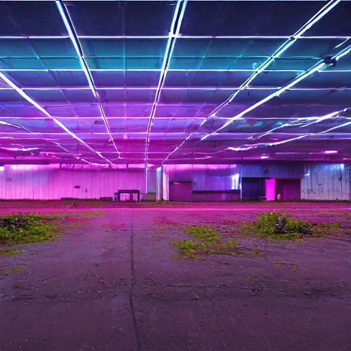 Prompt: a indoor abandoned parking lot with a farm runed by robots where they plant human heads, magenta lighting, neon, cyberpunk, art by Simon Stalenhag, cinematic, 4k