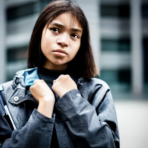 Image similar to candid photographic portrait of a poor techwear mixed young woman outside a brutalist future corporate office, closeup, sigma 85mm f/1.4, 4k, depth of field, high resolution, 4k, 8k, hd, full color