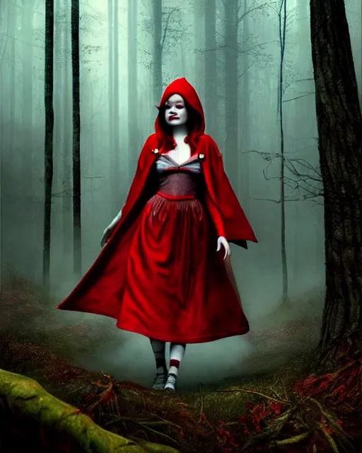 Image similar to hyperrealistic mixed media painting of Emma Stone as little red riding hood, dark foggy forest background, stunning 3d render inspired art by P. Craig Russell and Barry Windsor-Smith + perfect facial symmetry + dim volumetric lighting, 8k octane beautifully detailed render, post-processing, extremely hyperdetailed, intricate, epic composition, grim yet sparkling atmosphere, cinematic lighting + masterpiece, trending on artstation, very very detailed, masterpiece, stunning